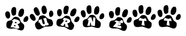 The image shows a row of animal paw prints, each containing a letter. The letters spell out the word Burnett within the paw prints.