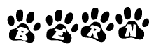 The image shows a series of animal paw prints arranged in a horizontal line. Each paw print contains a letter, and together they spell out the word Bern.
