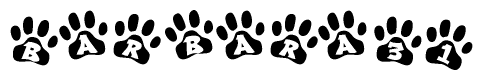 The image shows a series of animal paw prints arranged in a horizontal line. Each paw print contains a letter, and together they spell out the word Barbara31.