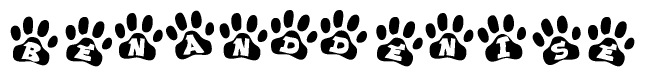The image shows a series of animal paw prints arranged in a horizontal line. Each paw print contains a letter, and together they spell out the word Benanddenise.