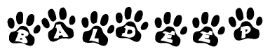 The image shows a series of animal paw prints arranged horizontally. Within each paw print, there's a letter; together they spell Baldeep
