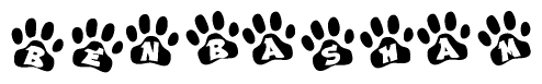 The image shows a series of animal paw prints arranged in a horizontal line. Each paw print contains a letter, and together they spell out the word Benbasham.