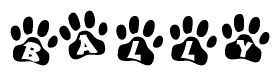 The image shows a series of animal paw prints arranged horizontally. Within each paw print, there's a letter; together they spell Bally