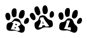The image shows a row of animal paw prints, each containing a letter. The letters spell out the word Bal within the paw prints.