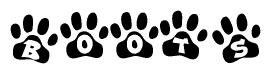 The image shows a series of animal paw prints arranged in a horizontal line. Each paw print contains a letter, and together they spell out the word Boots.