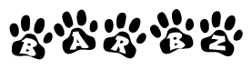 The image shows a series of animal paw prints arranged horizontally. Within each paw print, there's a letter; together they spell Barbz