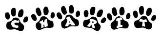 The image shows a series of animal paw prints arranged in a horizontal line. Each paw print contains a letter, and together they spell out the word Charit.