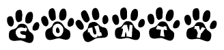 The image shows a series of animal paw prints arranged in a horizontal line. Each paw print contains a letter, and together they spell out the word County.