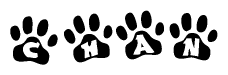 The image shows a series of animal paw prints arranged horizontally. Within each paw print, there's a letter; together they spell Chan