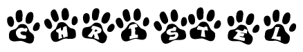 The image shows a series of animal paw prints arranged in a horizontal line. Each paw print contains a letter, and together they spell out the word Christel.