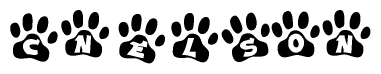 The image shows a row of animal paw prints, each containing a letter. The letters spell out the word Cnelson within the paw prints.