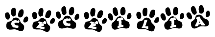 The image shows a series of animal paw prints arranged horizontally. Within each paw print, there's a letter; together they spell Ceceilia