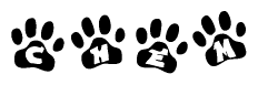 The image shows a row of animal paw prints, each containing a letter. The letters spell out the word Chem within the paw prints.