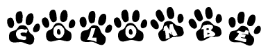 The image shows a row of animal paw prints, each containing a letter. The letters spell out the word Colombe within the paw prints.