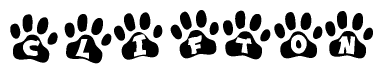 The image shows a series of animal paw prints arranged horizontally. Within each paw print, there's a letter; together they spell Clifton