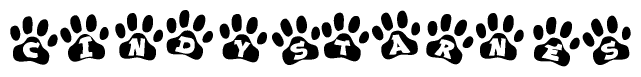 The image shows a row of animal paw prints, each containing a letter. The letters spell out the word Cindystarnes within the paw prints.