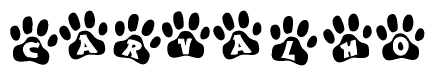 The image shows a series of animal paw prints arranged horizontally. Within each paw print, there's a letter; together they spell Carvalho