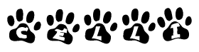 The image shows a series of animal paw prints arranged horizontally. Within each paw print, there's a letter; together they spell Celli