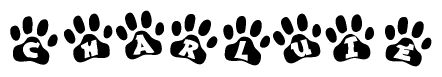 The image shows a series of animal paw prints arranged in a horizontal line. Each paw print contains a letter, and together they spell out the word Charluie.