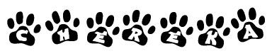 The image shows a series of animal paw prints arranged horizontally. Within each paw print, there's a letter; together they spell Chereka