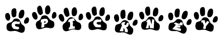 The image shows a row of animal paw prints, each containing a letter. The letters spell out the word Cpickney within the paw prints.