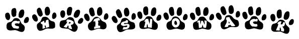 The image shows a row of animal paw prints, each containing a letter. The letters spell out the word Chrisnowack within the paw prints.