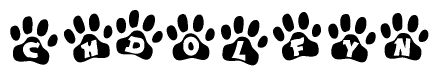 The image shows a row of animal paw prints, each containing a letter. The letters spell out the word Chdolfyn within the paw prints.