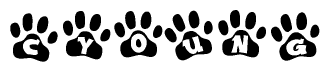 The image shows a row of animal paw prints, each containing a letter. The letters spell out the word Cyoung within the paw prints.