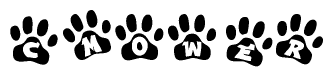   The image shows a row of animal paw prints, each containing a letter. The letters spell out the word Cmower within the paw prints. 