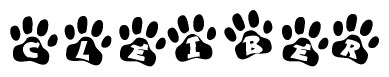 The image shows a series of animal paw prints arranged in a horizontal line. Each paw print contains a letter, and together they spell out the word Cleiber.