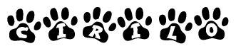 The image shows a series of animal paw prints arranged horizontally. Within each paw print, there's a letter; together they spell Cirilo