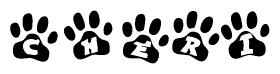 The image shows a series of animal paw prints arranged in a horizontal line. Each paw print contains a letter, and together they spell out the word Cheri.