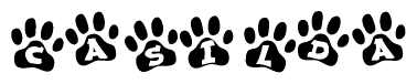The image shows a series of animal paw prints arranged in a horizontal line. Each paw print contains a letter, and together they spell out the word Casilda.