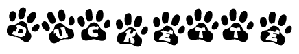 The image shows a series of animal paw prints arranged horizontally. Within each paw print, there's a letter; together they spell Duckette