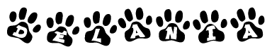 The image shows a row of animal paw prints, each containing a letter. The letters spell out the word Delania within the paw prints.