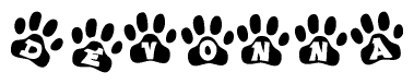 The image shows a row of animal paw prints, each containing a letter. The letters spell out the word Devonna within the paw prints.