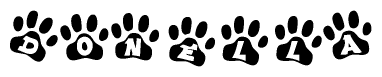 The image shows a series of animal paw prints arranged horizontally. Within each paw print, there's a letter; together they spell Donella