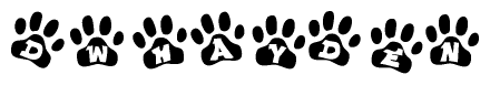 The image shows a row of animal paw prints, each containing a letter. The letters spell out the word Dwhayden within the paw prints.