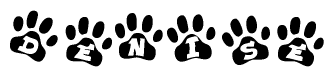 The image shows a series of animal paw prints arranged horizontally. Within each paw print, there's a letter; together they spell Denise