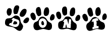 The image shows a series of animal paw prints arranged in a horizontal line. Each paw print contains a letter, and together they spell out the word Doni.