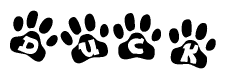 The image shows a series of animal paw prints arranged horizontally. Within each paw print, there's a letter; together they spell Duck