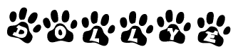The image shows a series of animal paw prints arranged in a horizontal line. Each paw print contains a letter, and together they spell out the word Dollye.