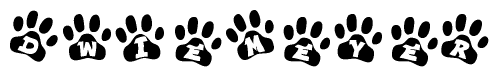 The image shows a series of animal paw prints arranged in a horizontal line. Each paw print contains a letter, and together they spell out the word Dwiemeyer.