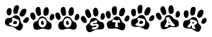 The image shows a series of animal paw prints arranged in a horizontal line. Each paw print contains a letter, and together they spell out the word Doostdar.