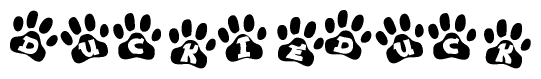 The image shows a row of animal paw prints, each containing a letter. The letters spell out the word Duckieduck within the paw prints.