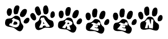 The image shows a row of animal paw prints, each containing a letter. The letters spell out the word Dareen within the paw prints.