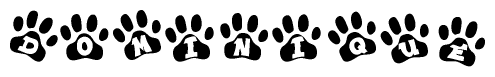 The image shows a row of animal paw prints, each containing a letter. The letters spell out the word Dominique within the paw prints.