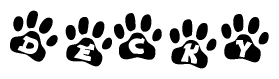 The image shows a series of animal paw prints arranged in a horizontal line. Each paw print contains a letter, and together they spell out the word Decky.
