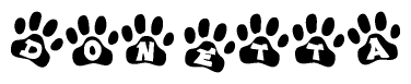 The image shows a row of animal paw prints, each containing a letter. The letters spell out the word Donetta within the paw prints.