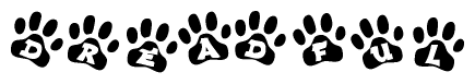 The image shows a series of animal paw prints arranged in a horizontal line. Each paw print contains a letter, and together they spell out the word Dreadful.